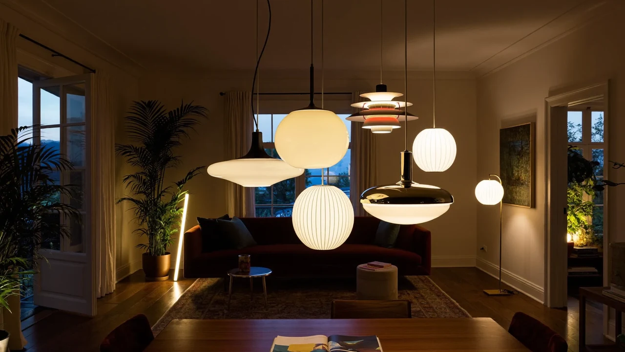 Living la apus, luminat cald de pendul și lampadar, în ilustrație generată.